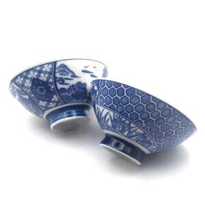 Porcelain Blue & White Chinoiserie Rice Soup Bowls Floral Landscape Set Of 2